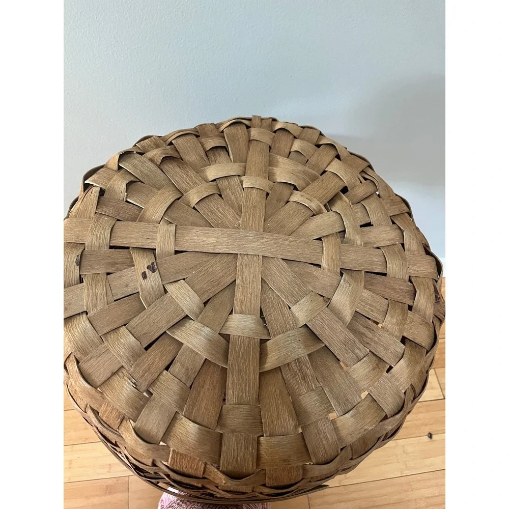 Large Vintage Splint Harvest Gathering Basket Carved Wooden Handle 18